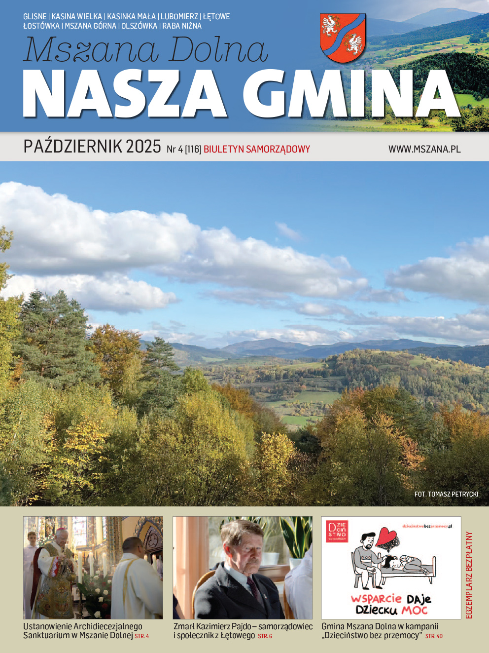 Okładka biuletynu samorządowego „Nasza Gmina Mszana Dolna” z października 2025 roku. Na górze widoczny herb gminy oraz panorama gór i doliny w jesiennej scenerii. Na dole trzy zdjęcia zapowiadające artykuły: uroczystość kościelna, portret mężczyzny w garniturze i ilustracja kampanii „Dzieciństwo bez przemocy”.