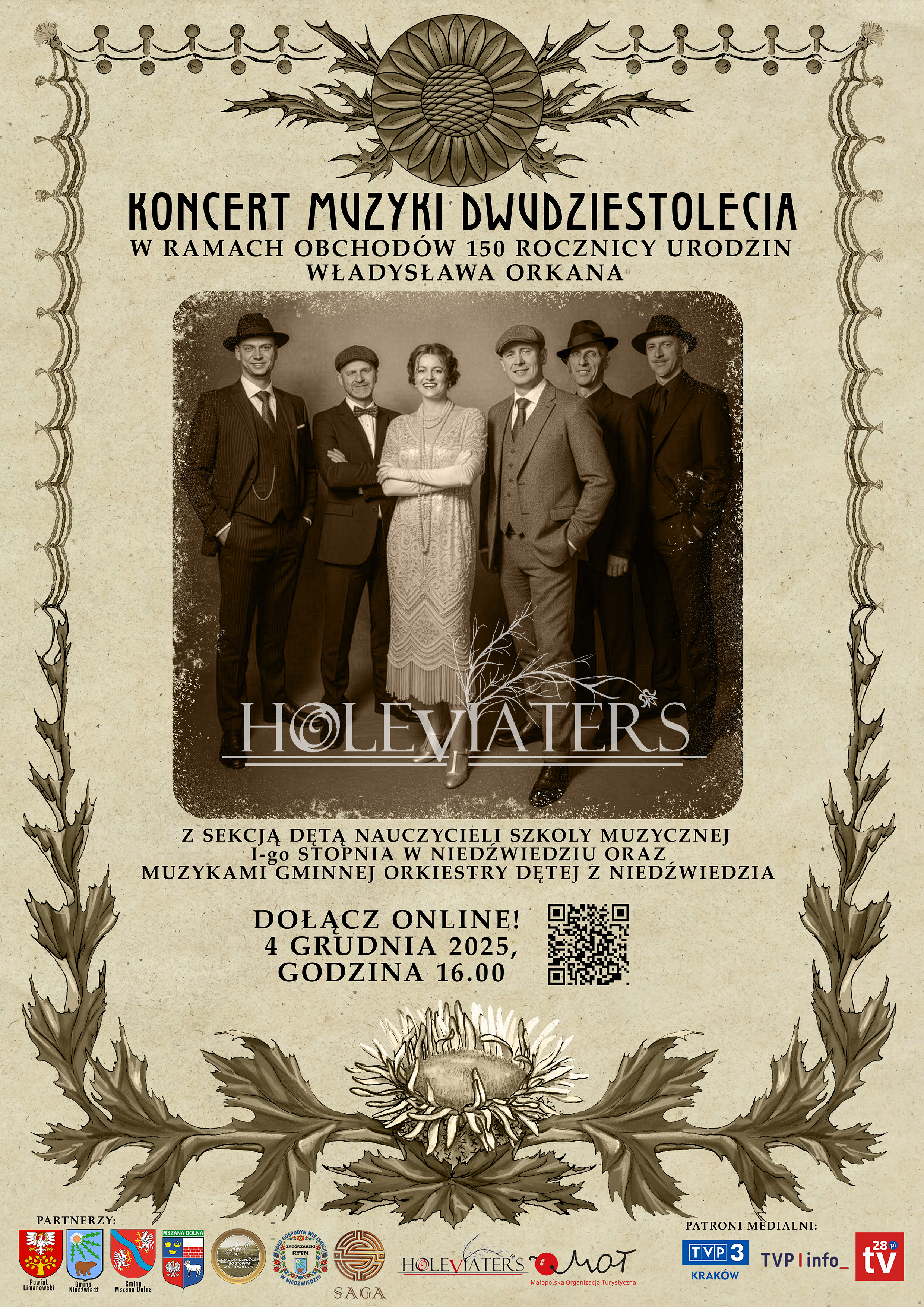 W programie przewidziano m.in.:  prezentację IV tomu listów Władysława Orkana,  koncert muzyki dwudziestolecia w wykonaniu zespołu Holeviaters, z udziałem sekcji dętej nauczycieli Szkoły Muzycznej I stopnia w Niedźwiedziu oraz muzyków Gminnej Orkiestry Dętej z Niedźwiedzia,  występy tematyczne oraz panel dyskusyjny.  Wydarzenie będzie transmitowane online. Transmisja dostępna będzie na:  www.niedzwiedz.iap.pl  www.gbiokniedzwiedz.pl  profilu Facebook Gminnej Biblioteki i Ośrodka Kultury w Niedźwiedziu.  Serdecznie zachęcamy do udziału w wydarzeniu oraz dołączenia do transmisji.